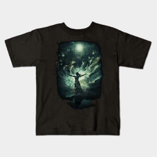 Dancing Woman with Northern Lights - Artistic Illustration Kids T-Shirt